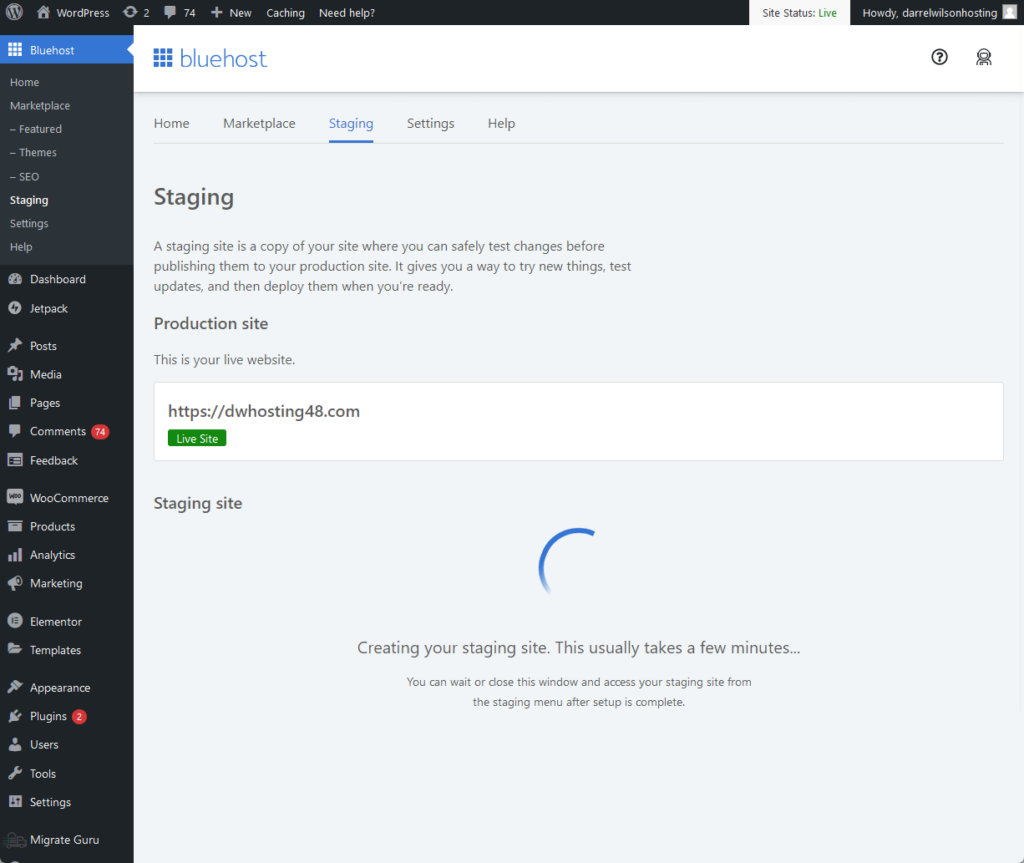 creating a staging site with bluehost