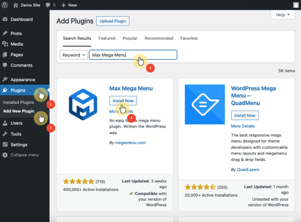 Dashboard Plugins section, Add Plugins page, Max Mega Menu in the search bar