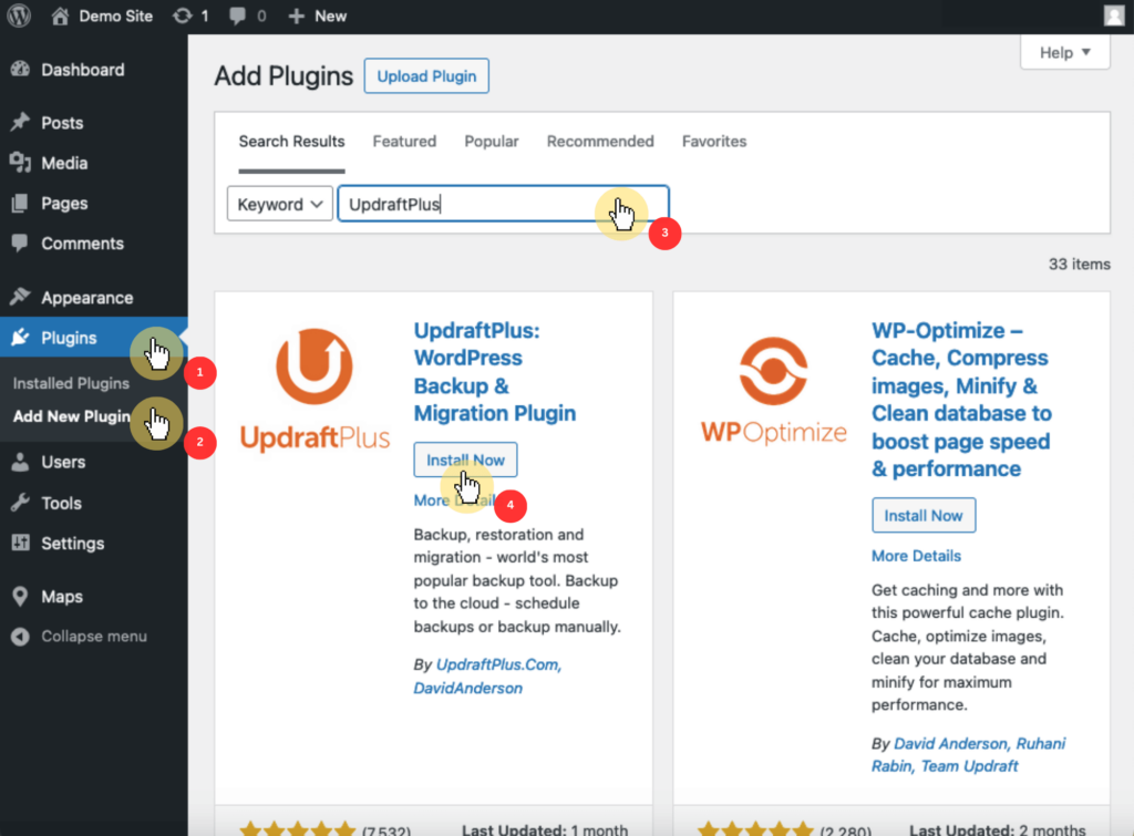 Search for UpdraftPlus in the Add Plugins Page
