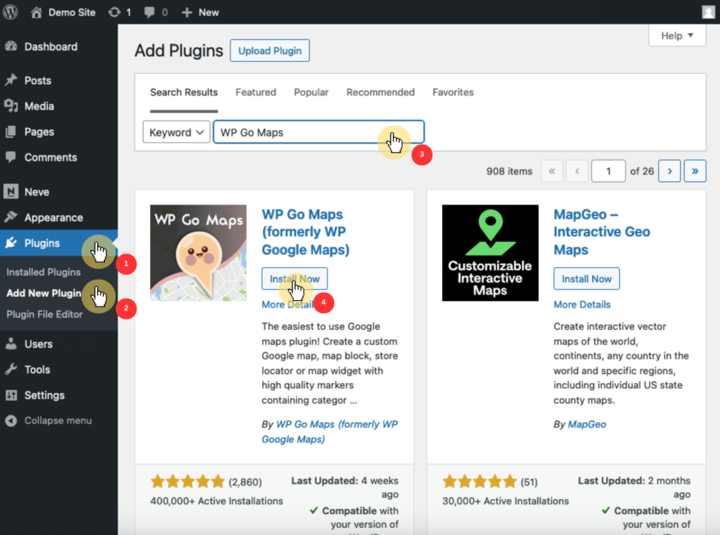Dashboard WordPress Plugins Section > Add Plugins Page > WP Go Maps in the search bar