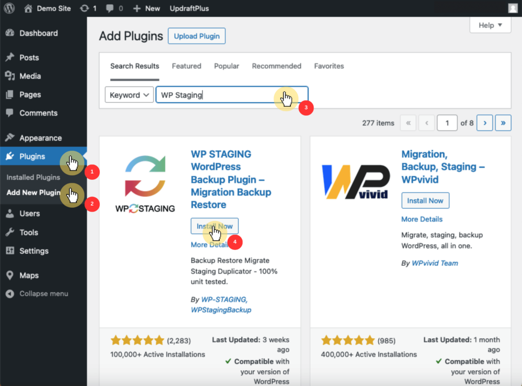 Search for WP Staging in the Add Plugins Page