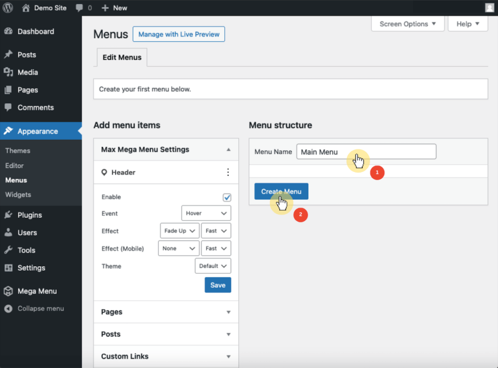 Dashboard Appearance section, Menus page, Create Menu