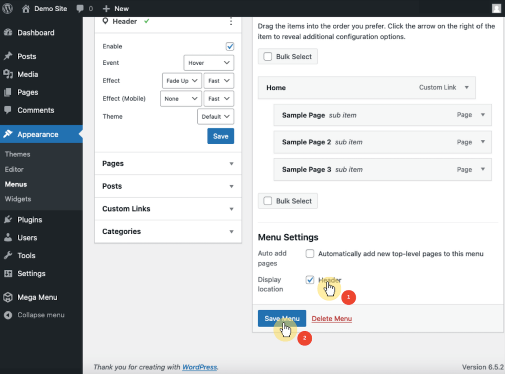 Dashboard Appearance section, Menus page, Menu setting, Display location
