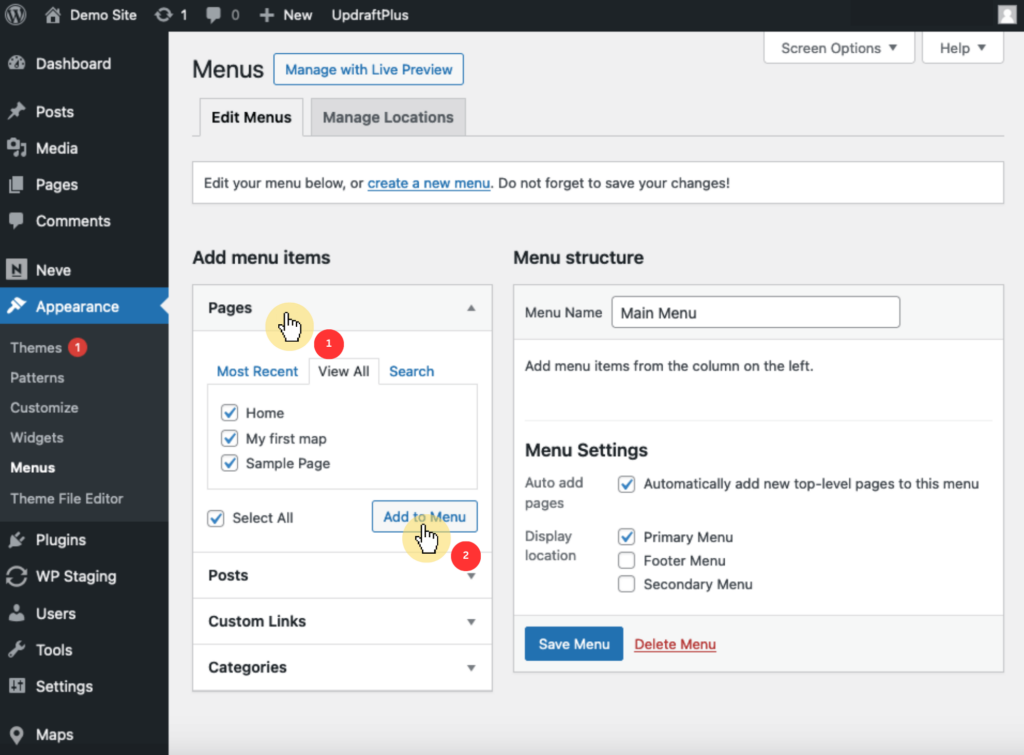 Navigate to Appearance > Menus > Add menu items