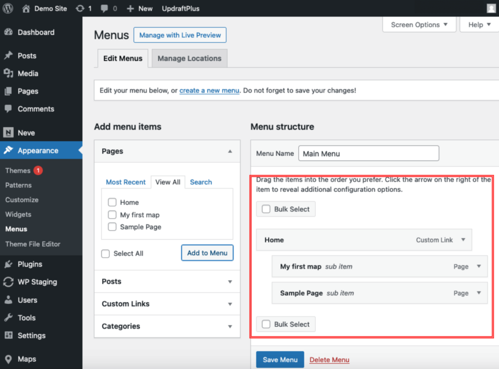 Navigate to Appearance > Menus > Menu structure