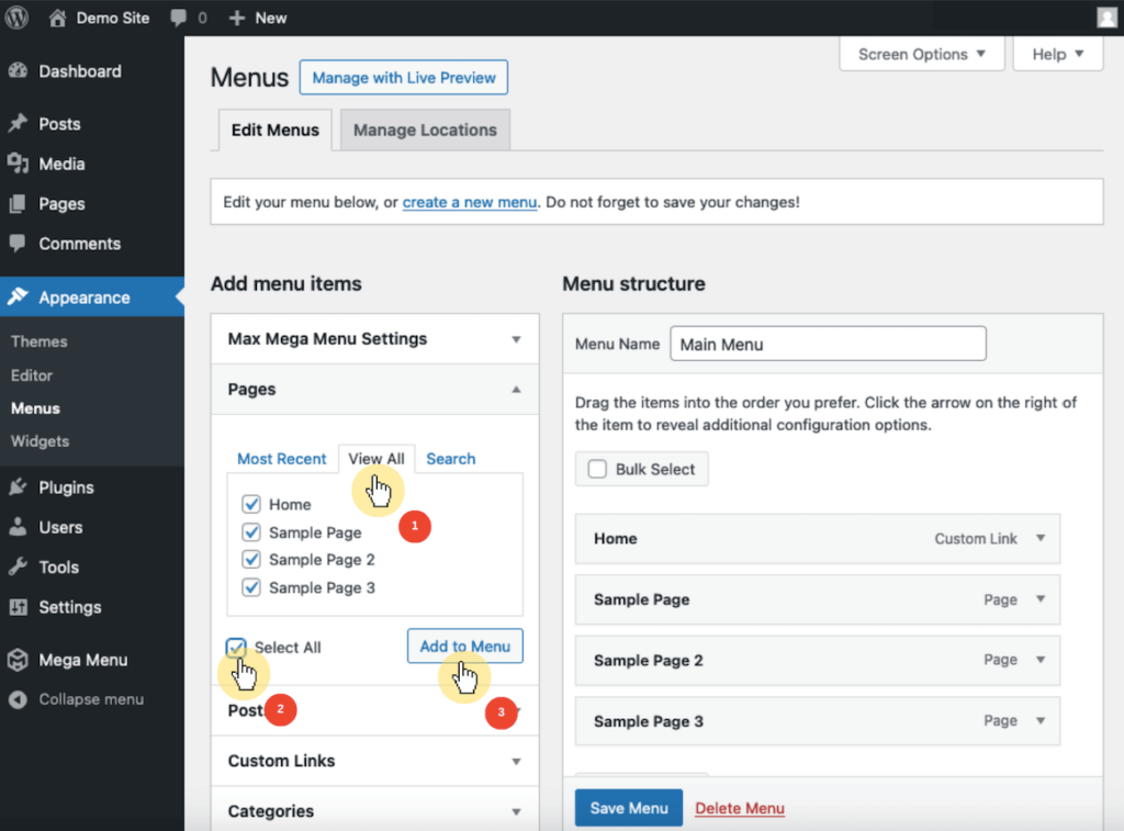 Dashboard Appearance section, Menus page, Pages item, Add to Menu