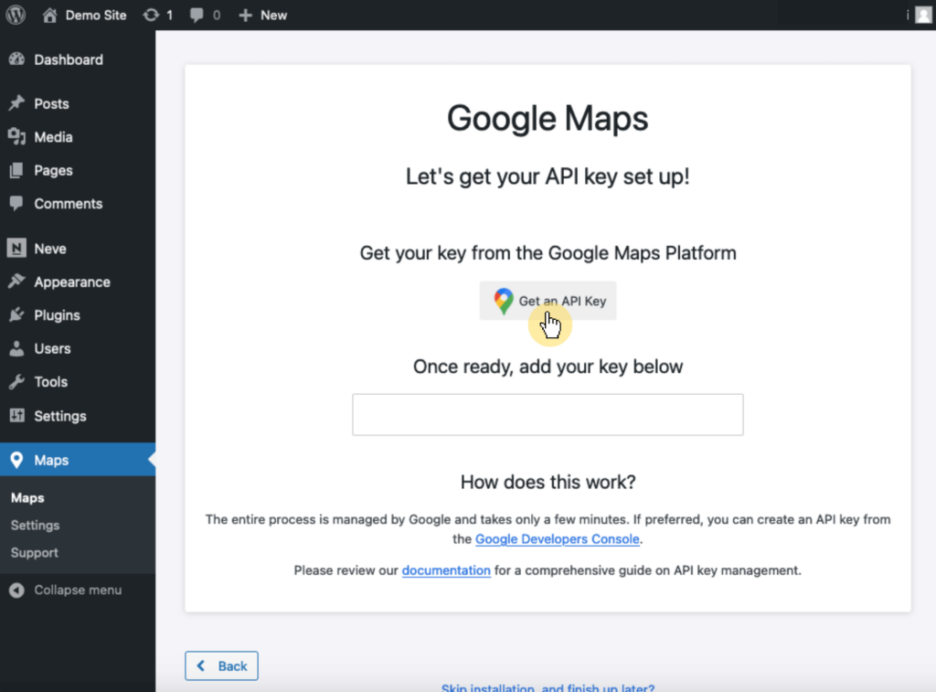 Dashboard Maps Section > Maps Page > Get an API Key