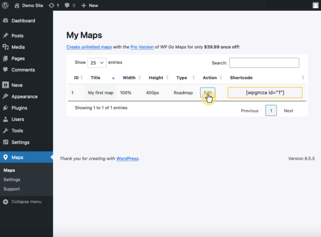 Dashboard Maps Section > Maps Page > Edit Button