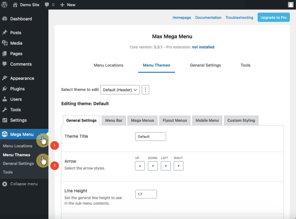 Dashboard Mega Menu section, Menu Themes page