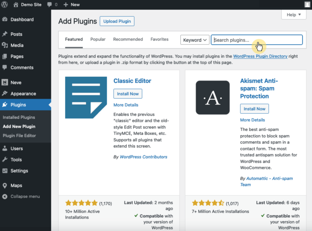 Dashboard Plugins > Add New Plugin > search bar