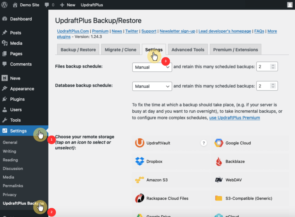 Dashboard Settings > UpdraftPlus Backups > Settings
