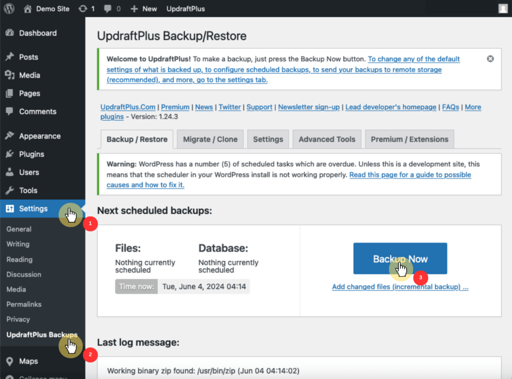 Navigate to UpdraftPlus Backups Section under the Settings Section