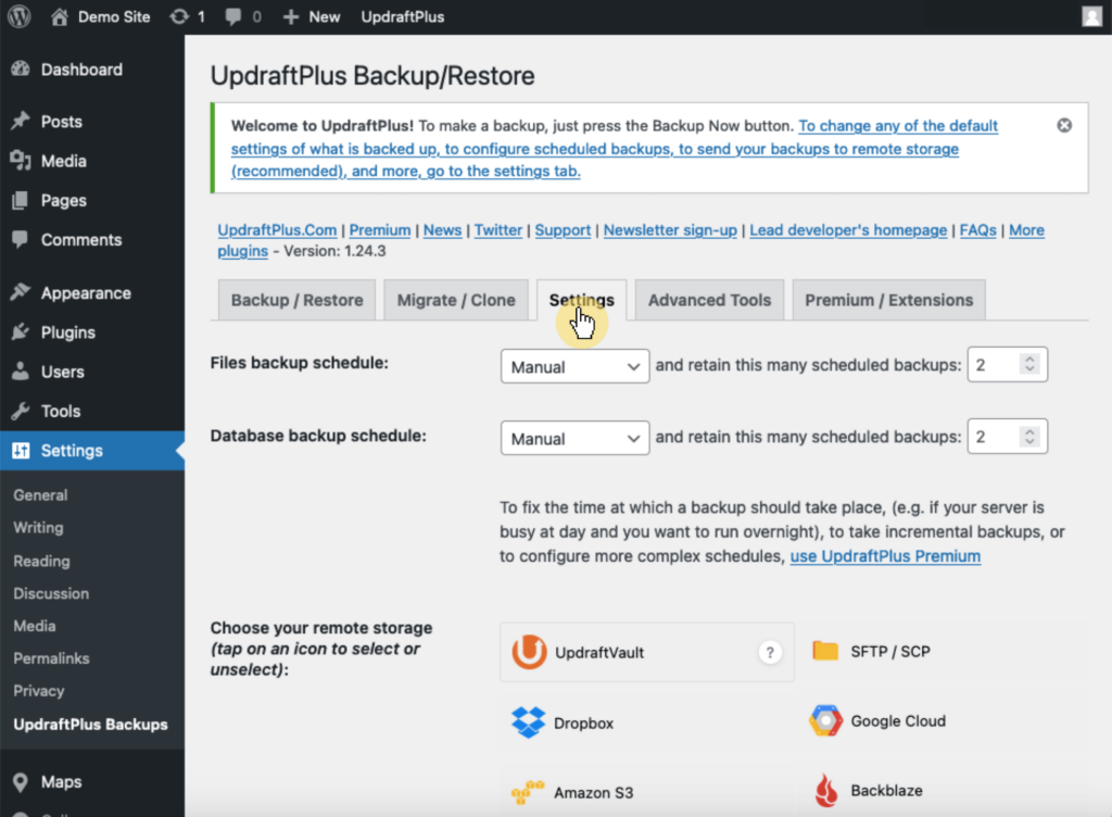 Navigate to UpdraftPlus Backups > Settings under the Dashboard Settings Section