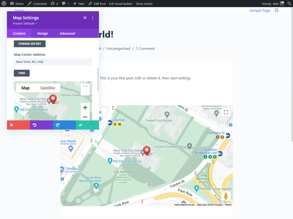 divi builder map settings