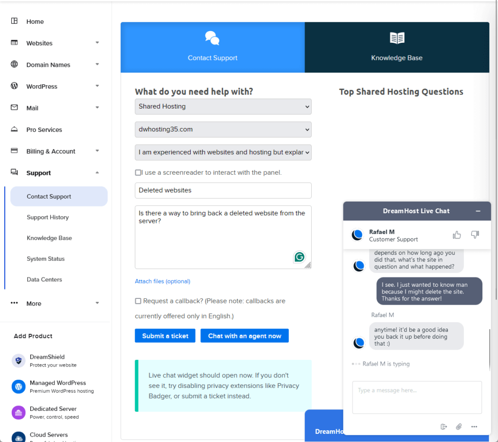 dreamhost contact support form