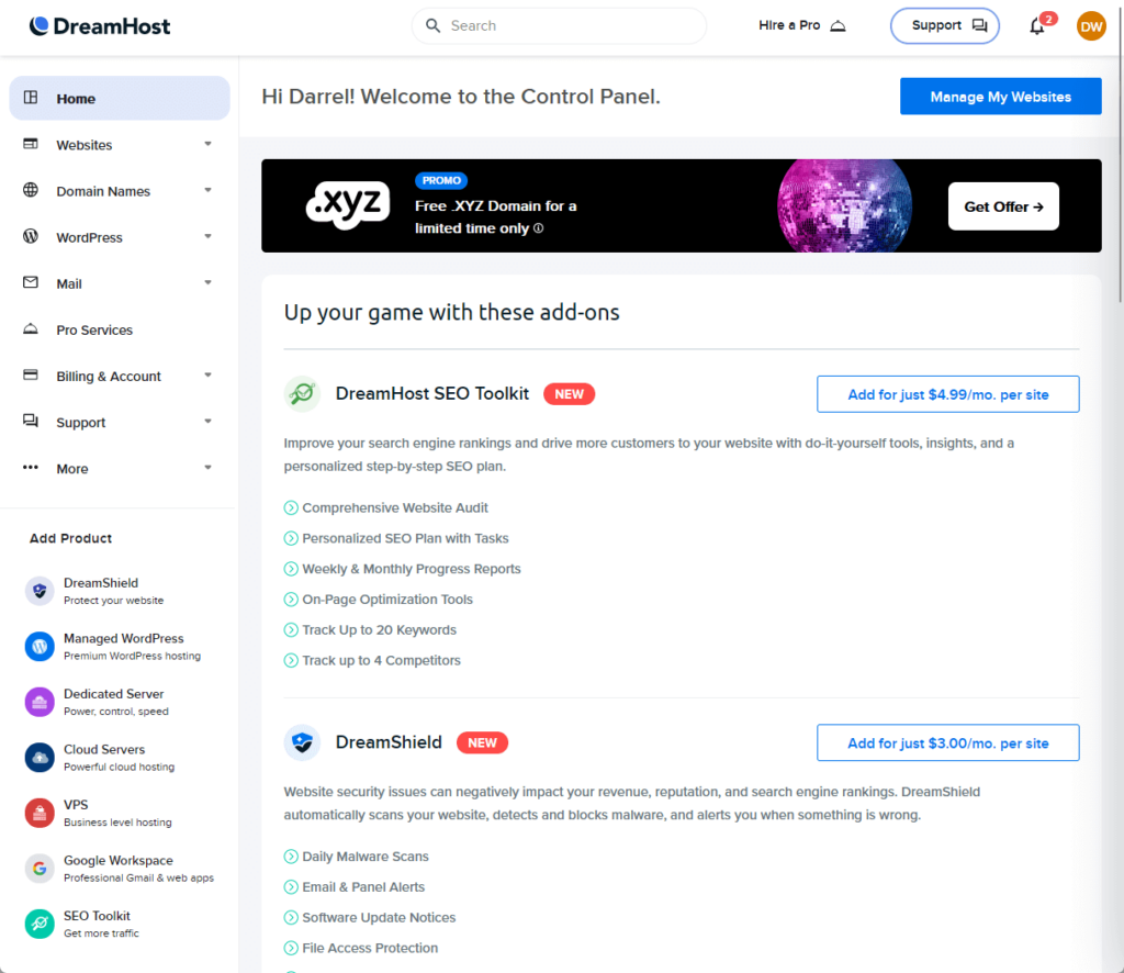 dreamhost control panel in client area