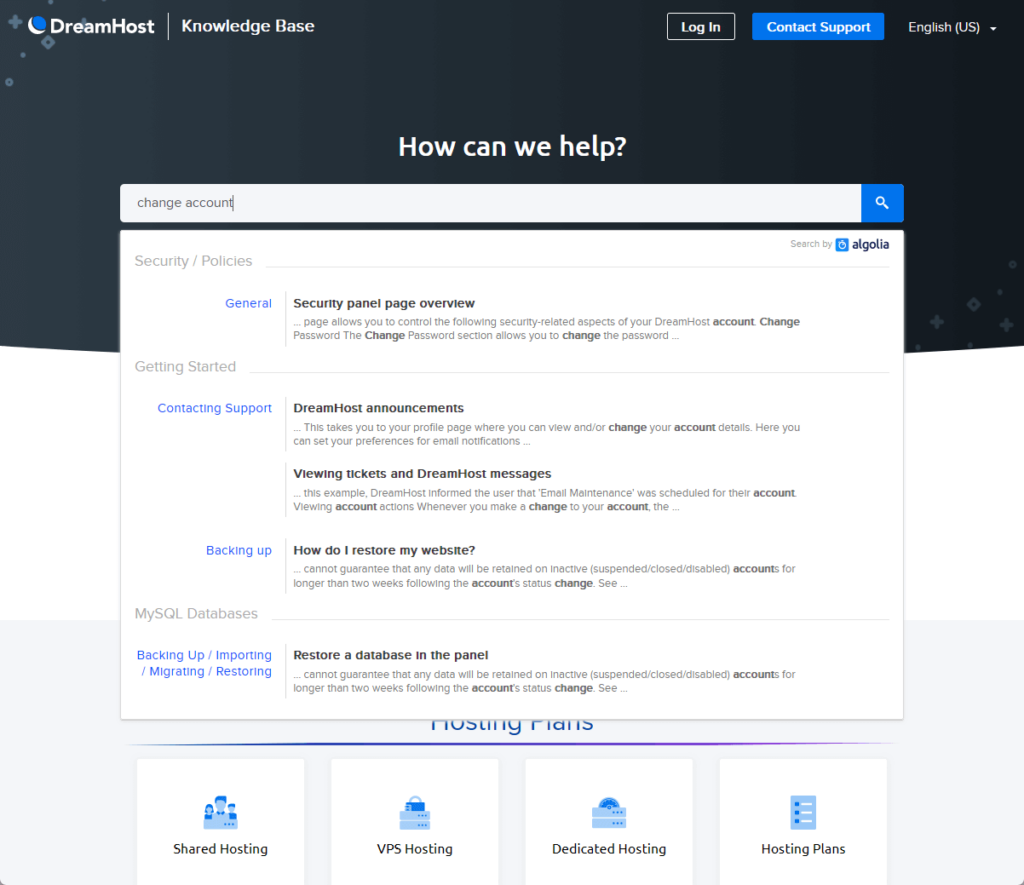 dreamhost knowledge base front page