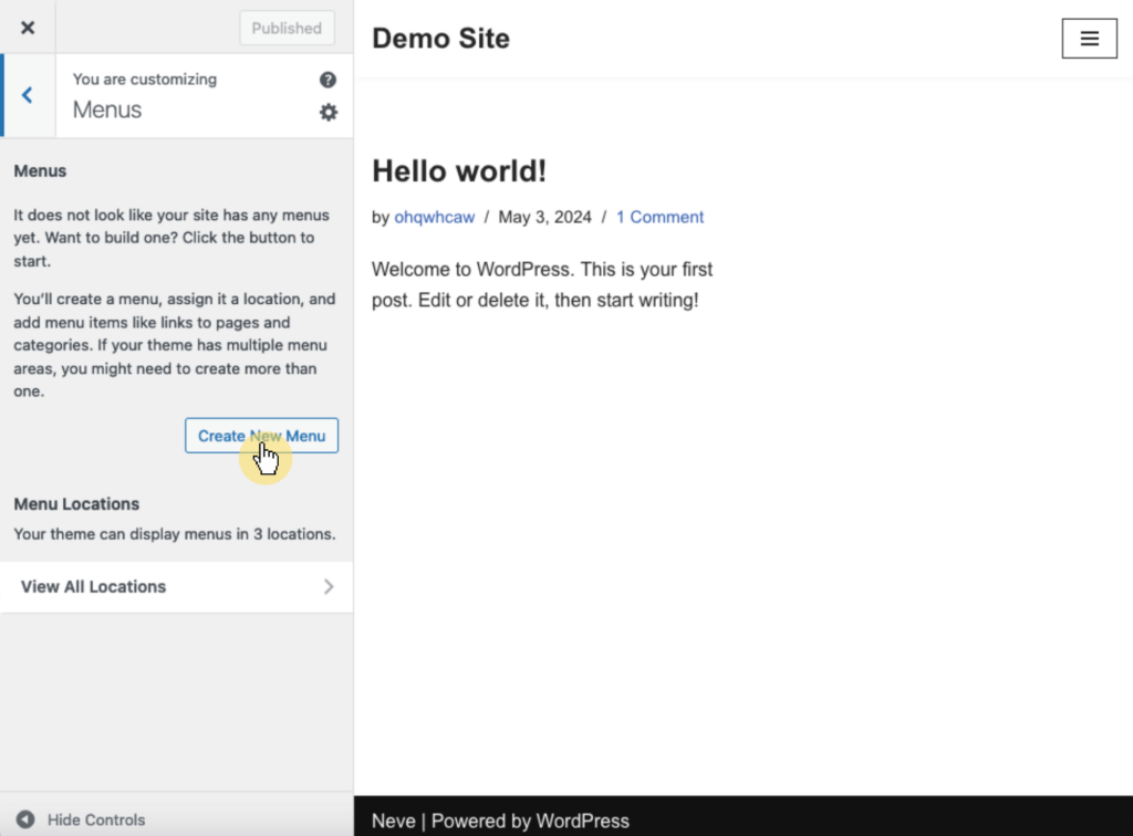 Navigate to Appearance > Customize > Menus > Create New Menu