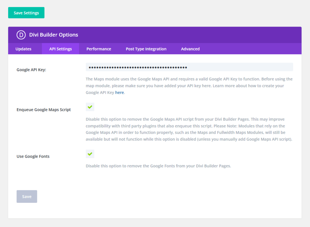 enter google api key on divi builder
