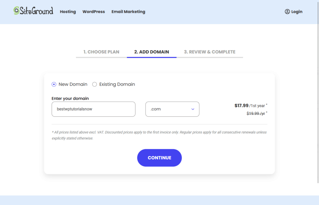 enter new domain in siteground