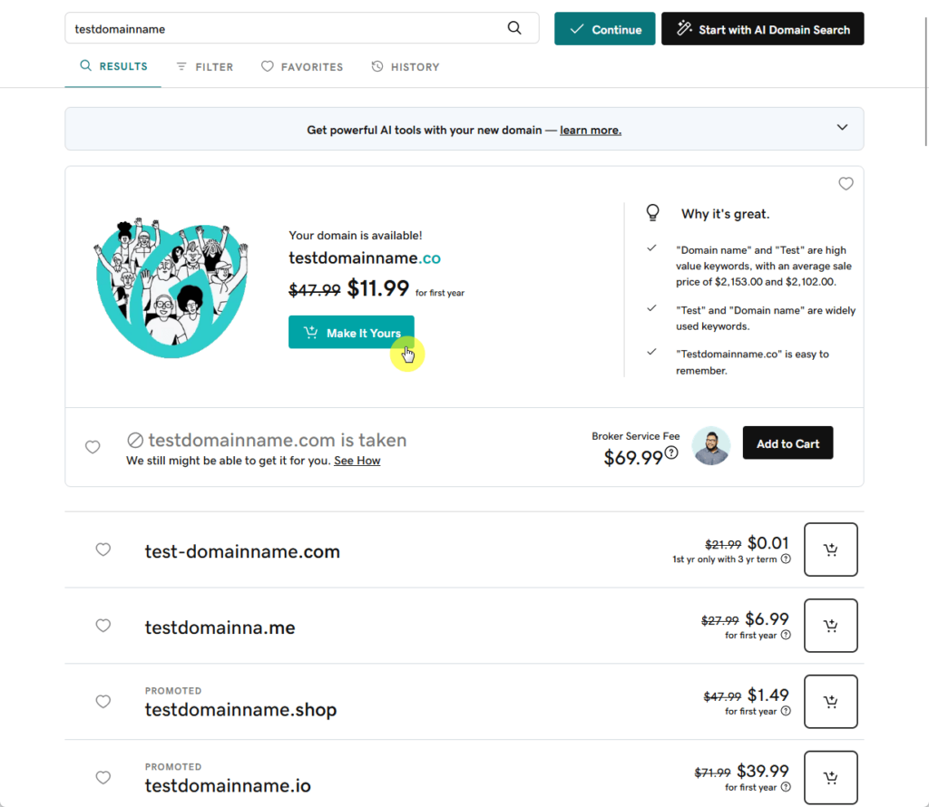 testdomainname in the GoDaddy search bar