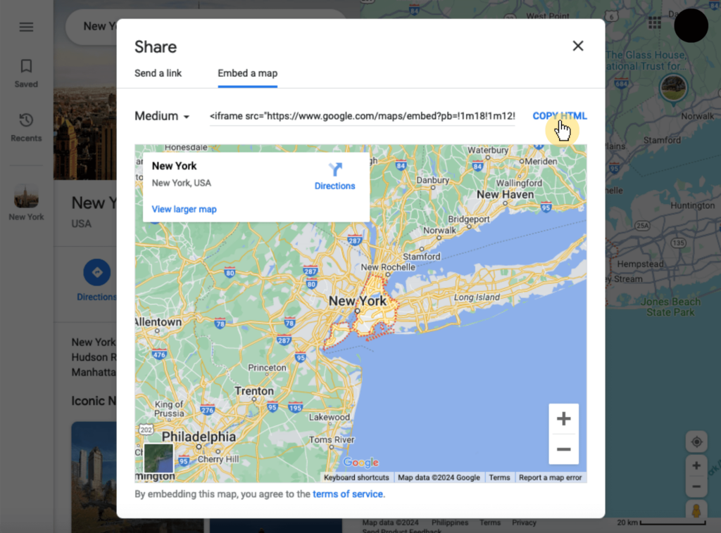 Google Maps > Share > Embed a Map > Copy HTML