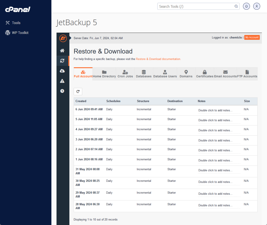 jetbackup 5 in cpanel through chemicloud