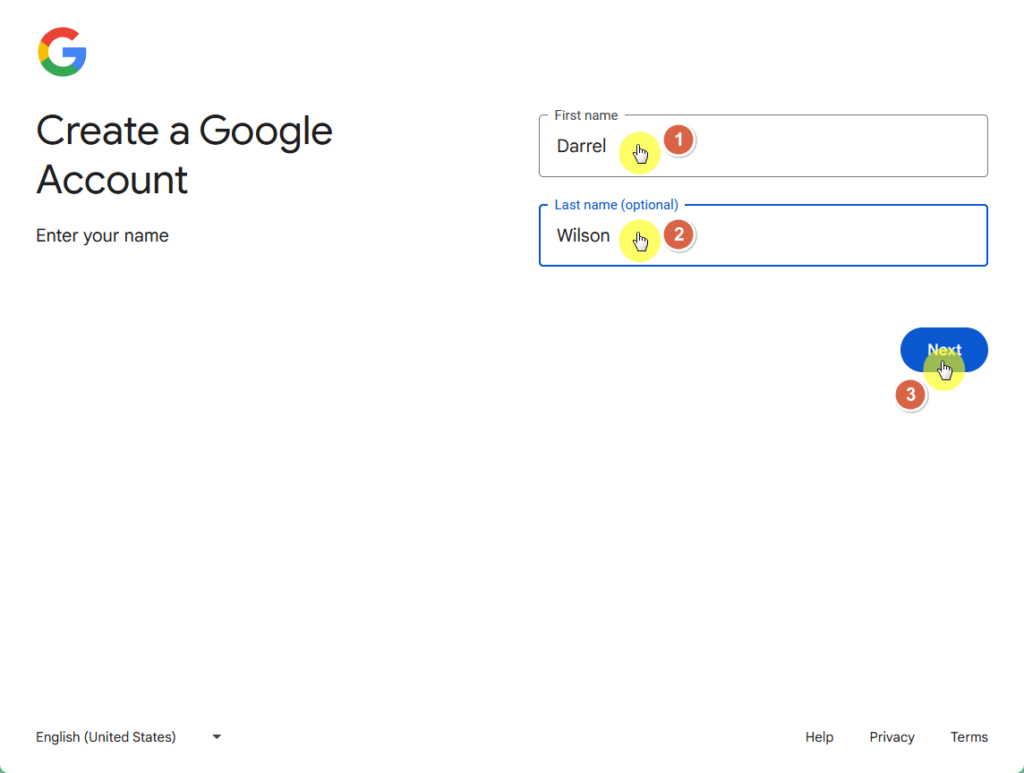 name fields for google account creation