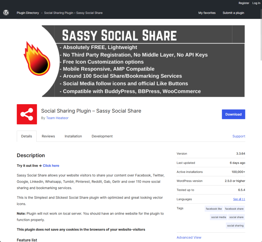 Sassy Social Share plugin page