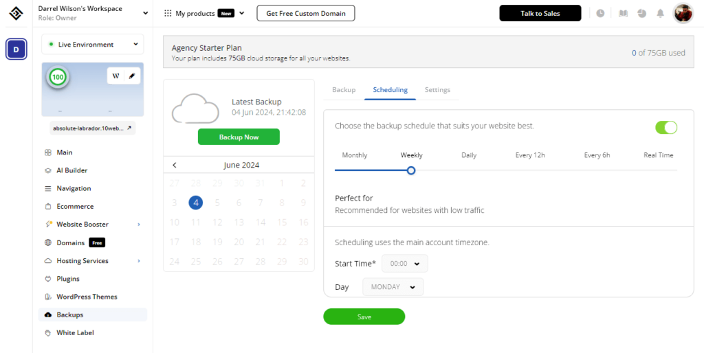 scheduling backup in 10web