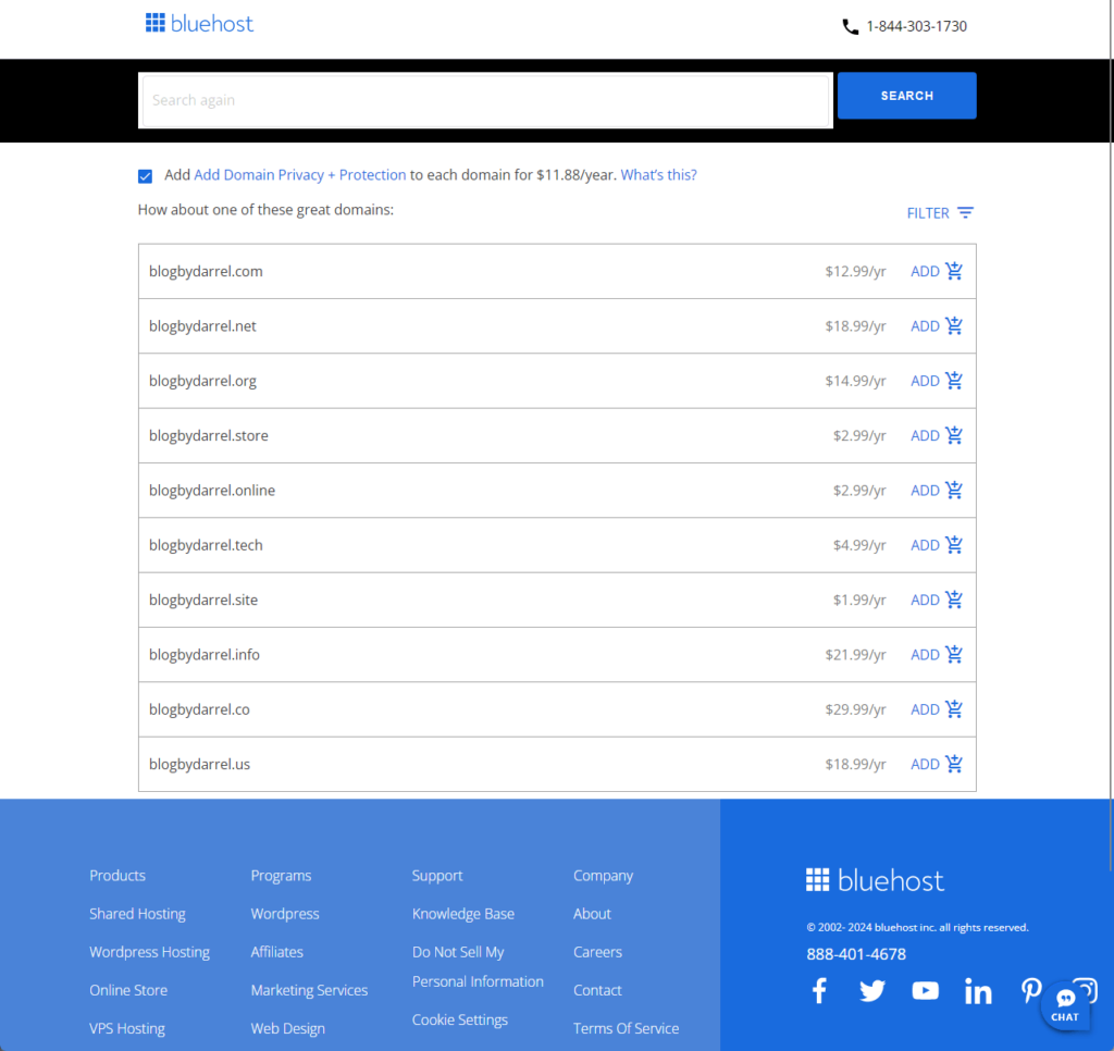 searching for a domain in bluehost
