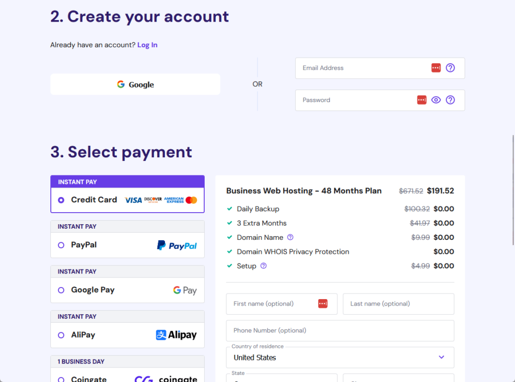 select payment for hostinger plan