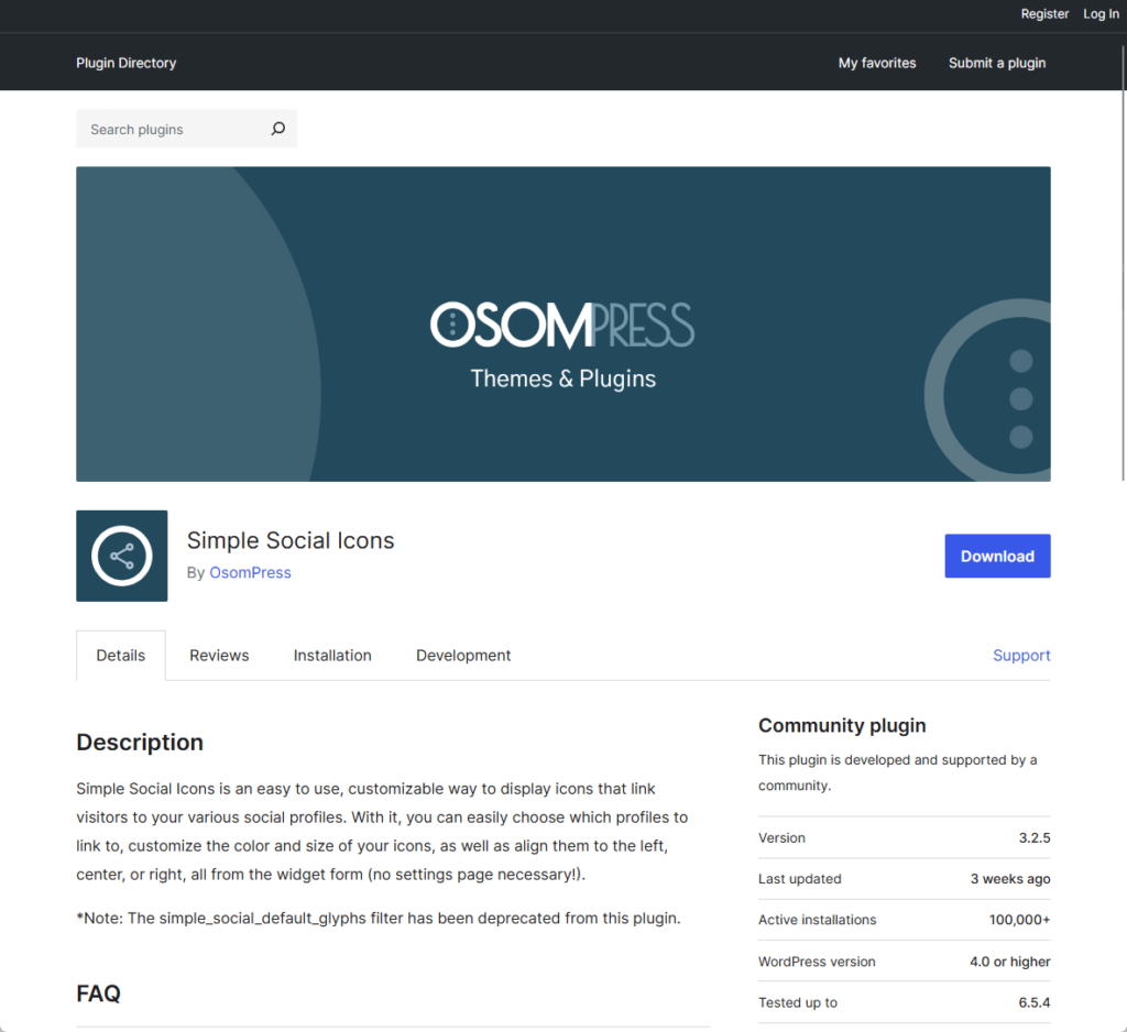 Simple Social Icons plugin page
