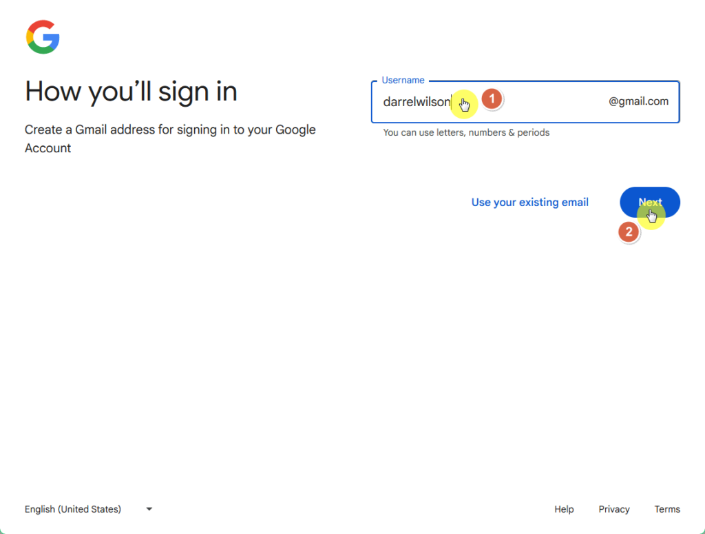 username field gmail account creation