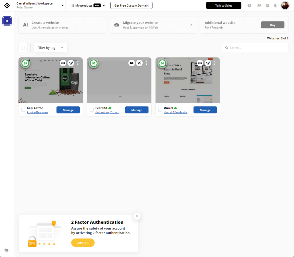 websites dashboard in 10web