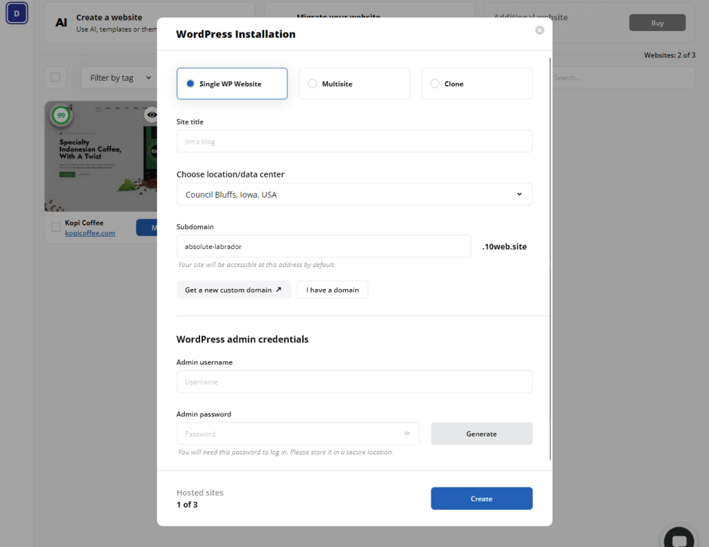 wordpress installation in 10web