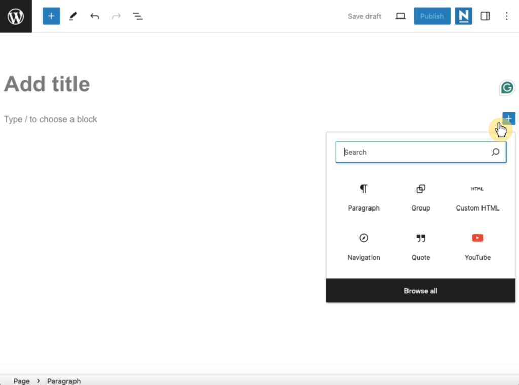 WordPress Site Editor Add New Page Block Inserter