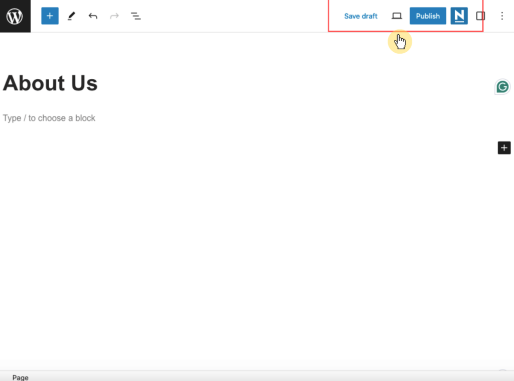 WordPress Site Editor Add New Page Save Draft, Preview, Publish