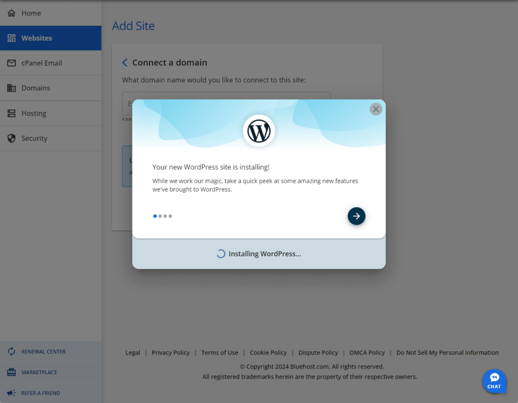 your new wordpress is installing in bluehost