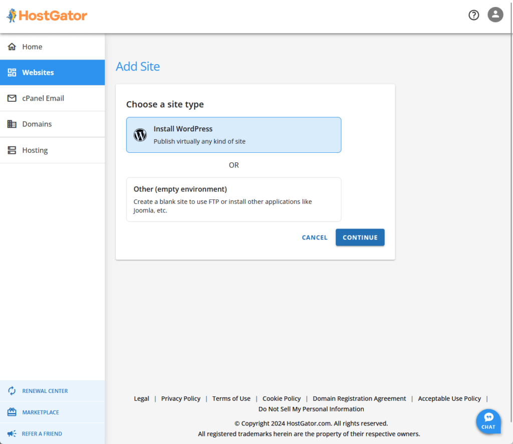 adding a new site in hostgator