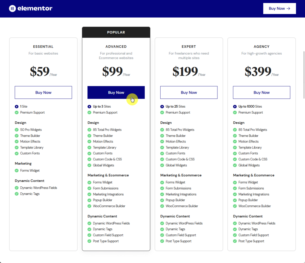 Elementor plans Buy Now button