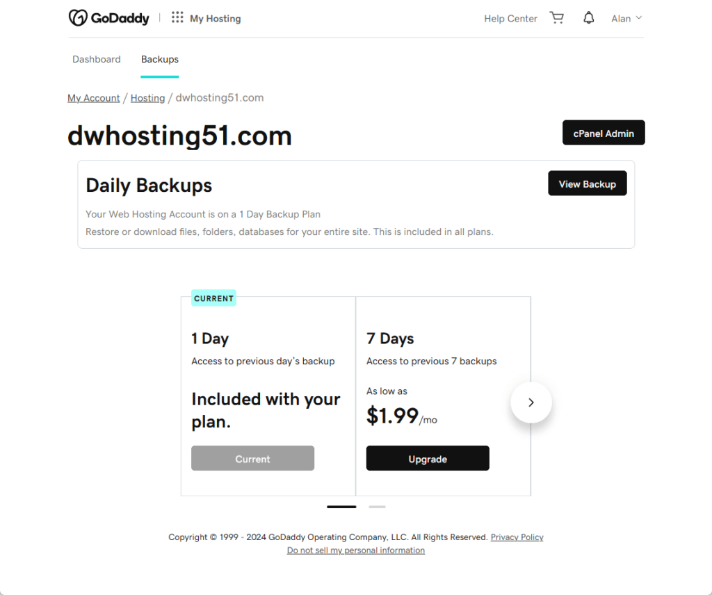 backups tab in godaddy hosting