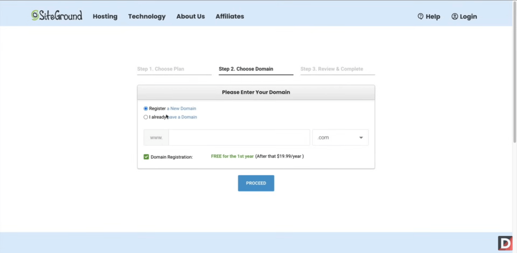choose domain for siteground setup