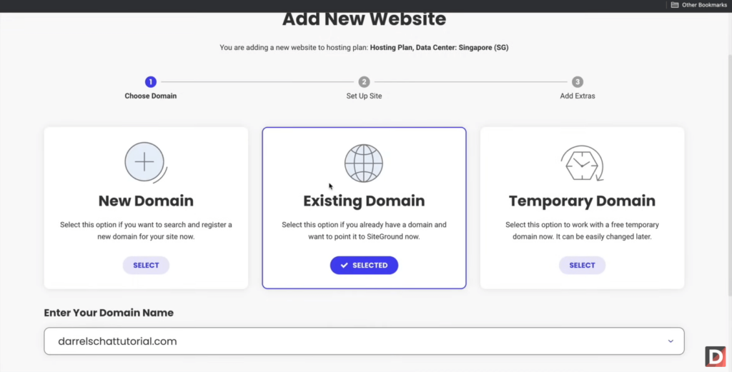 choose existing domain for siteground