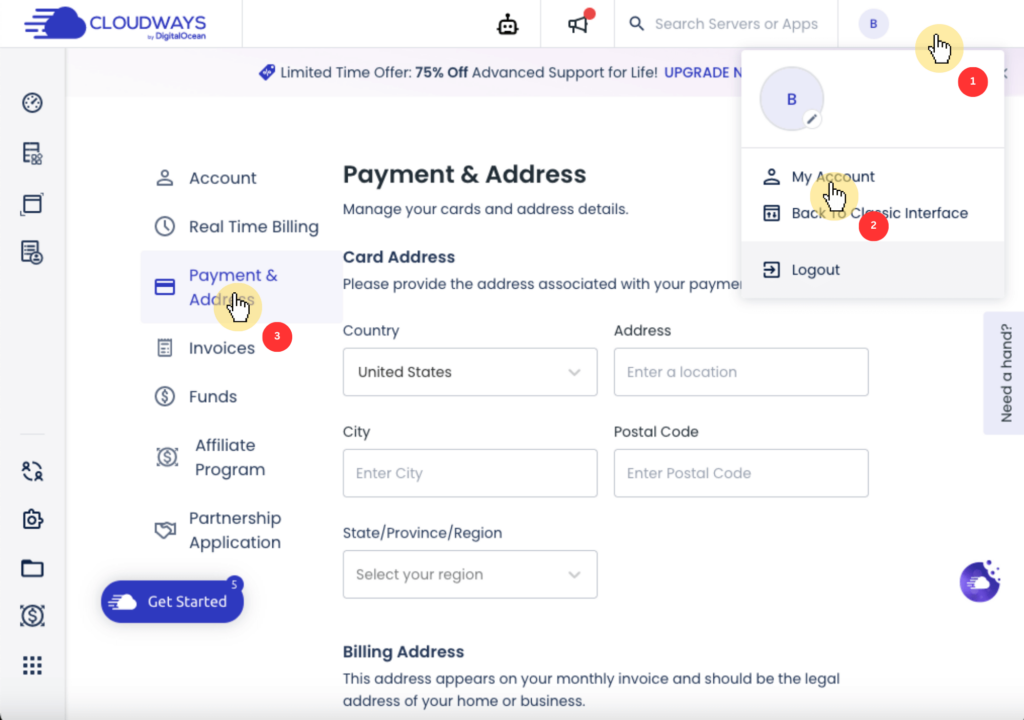 Cloudways Payment & Address