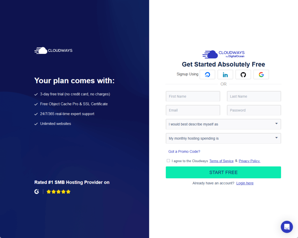 Cloudways Signup Page: Get Started Absolutely Free