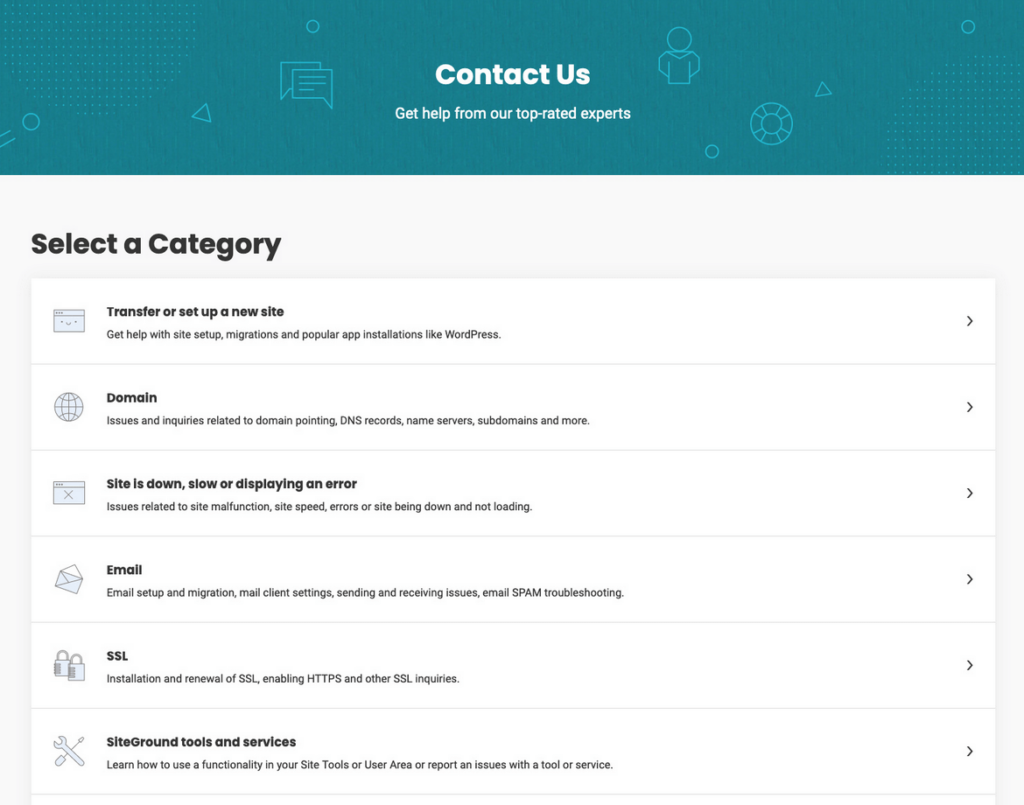 contact us page in siteground client area