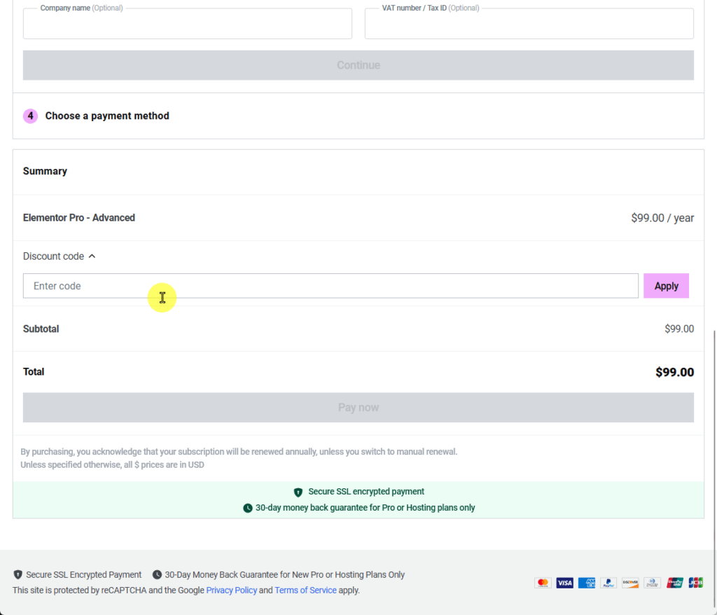 Enter Elementor discount code