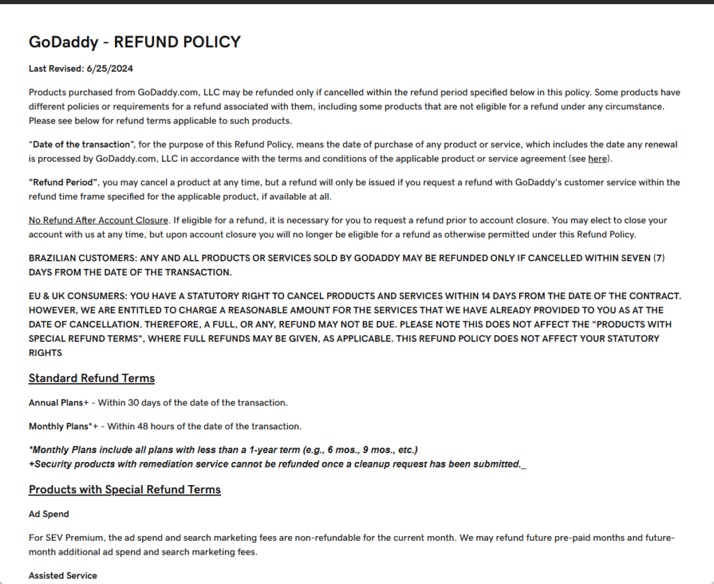 godaddy refund policy