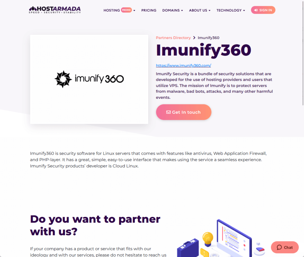 hostarmada and imunify360 partner page